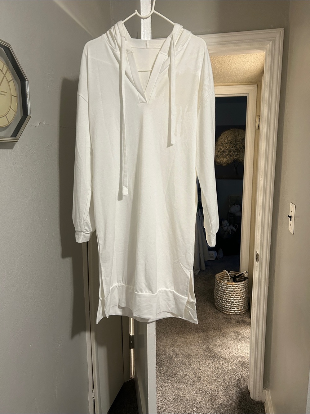 Women's White Hooded V-Neck Dress